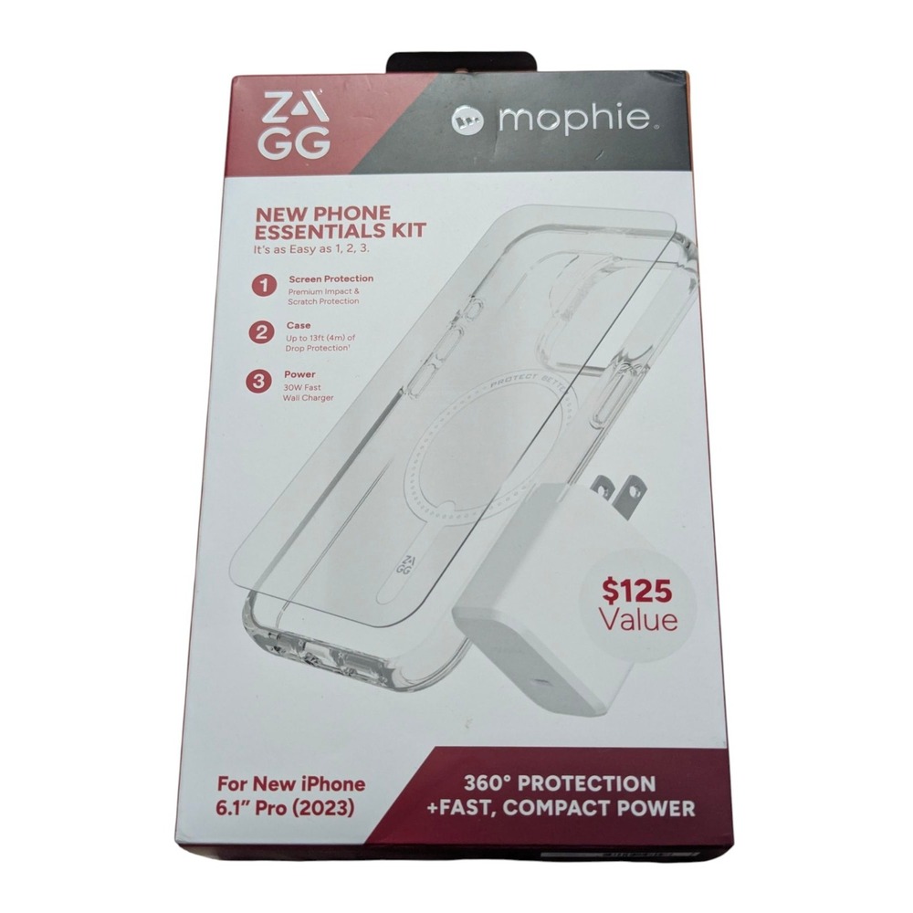W5-O Zagg mophie Essentials Kit Case/Wall Adaptor/Screen-Protector Iphone 15 Pro